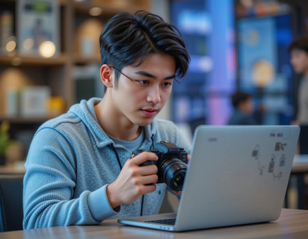 Young Asian man using laptop computer in coffee shop. Technology and lifestyle concept.の素材