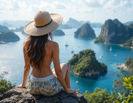 Back view of young Asian woman sitting on rock and looking at the sea.の素材