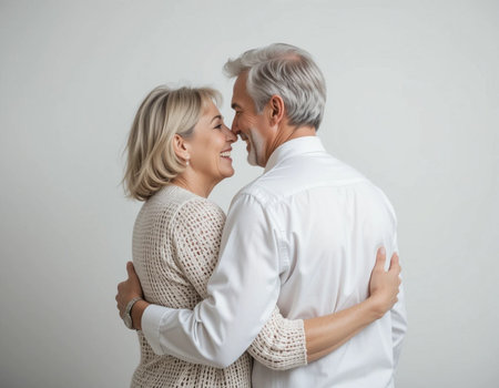 happy senior couple embracing and looking at each other isolated on gray backgroundの素材