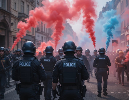 French police during protest against proposed labor reforms by Socialist Government.の素材