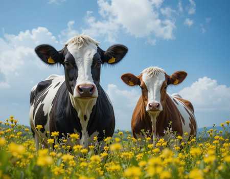 Three Holstein cows in a meadow with yellow flowers and blue skyの素材