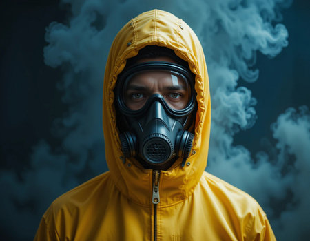 Portrait of a man in a gas mask and a yellow jacketの素材