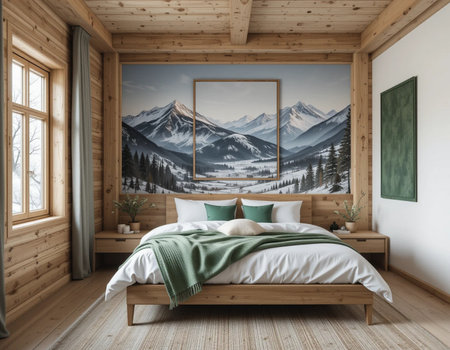 Interior of a wooden bedroom with a mountain view. 3d renderingの素材