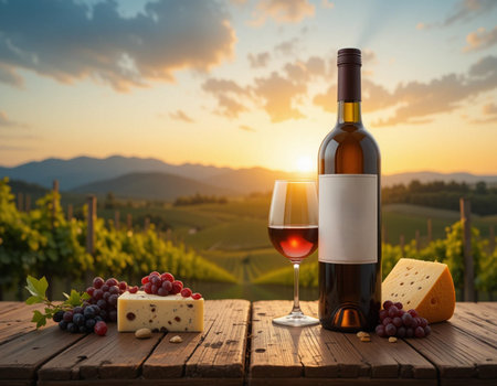 Wine bottle and glass of red wine on vineyard in Tuscany, Italyの素材