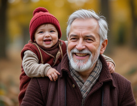 Portrait of a happy grandfather with his grandson in the autumn parkの素材