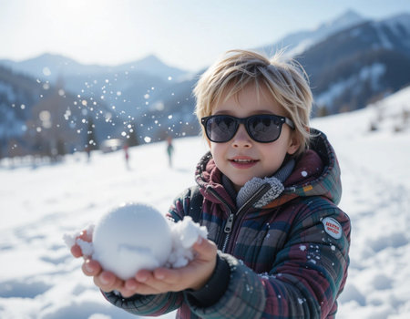 Little boy playing with snowballs in winter in the mountains. Happy childhood.の素材