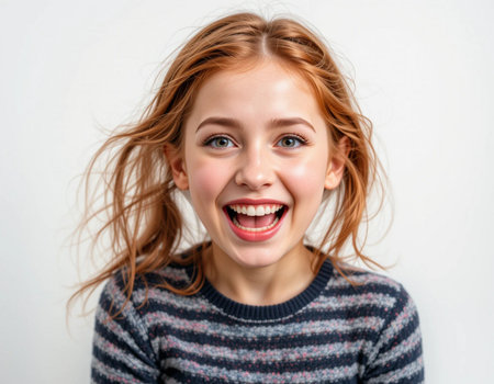 Close-up portrait of a young beautiful girl with long hair on a white backgroundの素材