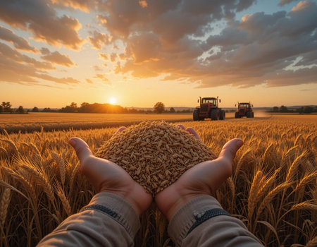 Wheat ears in the hands of a farmer on the background of the sunsetの素材