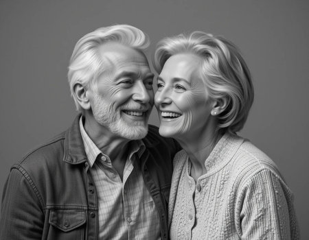 Portrait of happy senior couple smiling and looking at each other against gray backgroundの素材