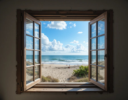 view from the window to the beach and the sea, summer vacationの素材