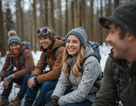 Group of friends sitting on the ground in winter forest and looking at cameraの素材