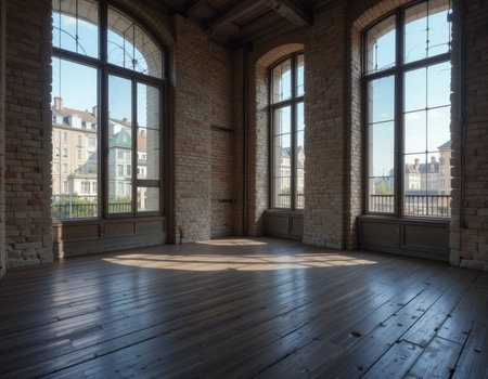 Interior of an empty room with a large window and a wooden floorの素材