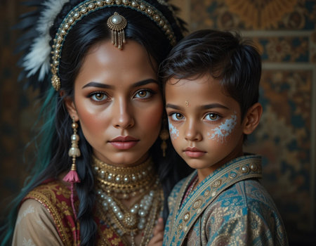 Portrait of a beautiful Indian girl and boy in traditional costume.の素材