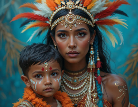 Portrait of a beautiful Indian girl and boy in traditional costume.の素材