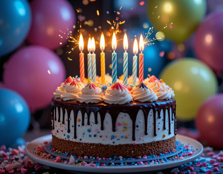 Birthday cake with candles and balloons on background. Selective focus.の素材