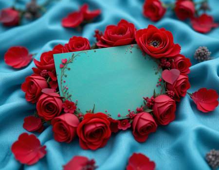 Blank card with red roses on blue satin background. Valentines day conceptの素材