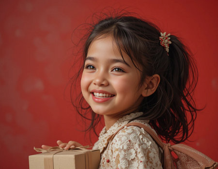 Portrait of happy little Asian girl with gift box on red backgroundの素材