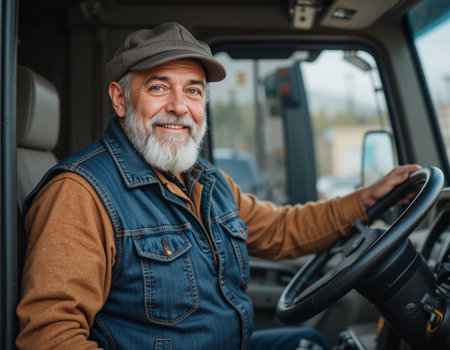 smiling senior man in cap and denim jacket driving tractor on roadの素材