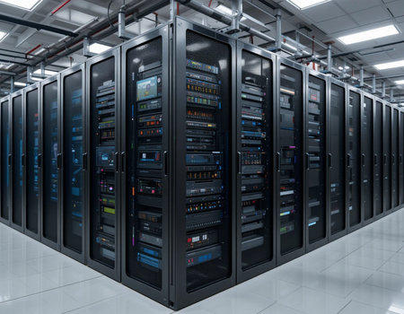 3d rendering server room with row of hard drives in data centerの素材