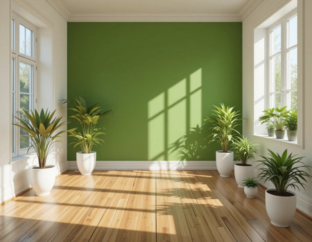 interior with green walls, wooden floor and large windows, 3d renderの素材