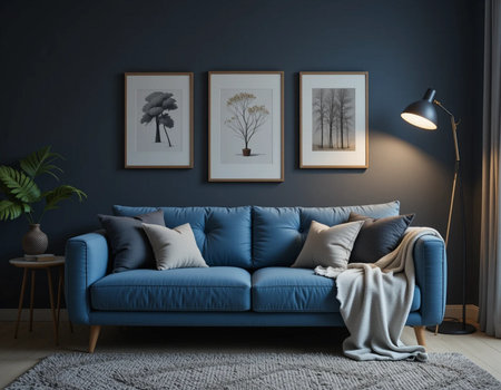 Interior of living room with blue sofa, lamp and plants, 3d renderの素材