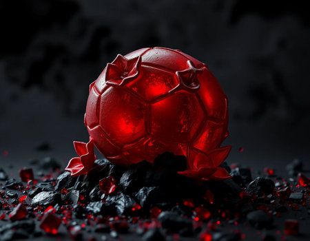red christmas ball on a black background with some broken pieces of coalの素材