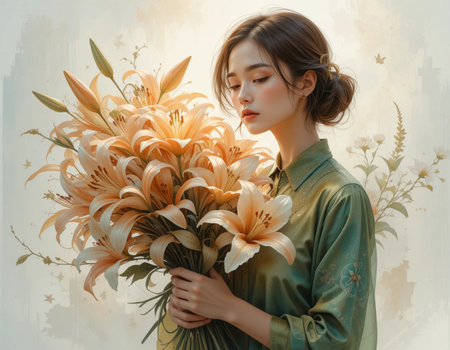 beautiful young Asian woman with orange lily flower bouquetの素材