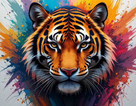 Tiger head with colorful splashes on white background, digital illustrationの素材