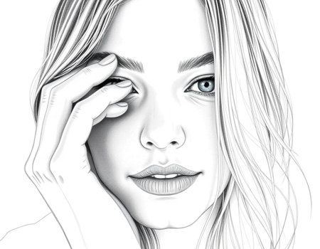 Digital illustration of a woman's face with long hair and blue eyesの素材