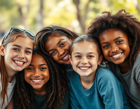 group of happy African American kids looking at camera in parkの素材