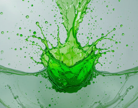 green liquid splash isolated on white background. close-up shot.の素材