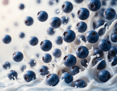 Milk splashing with blueberries. Shallow depth of field.の素材