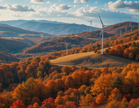 Autumn forest and turbine winds in the Carpathian mountains.の素材