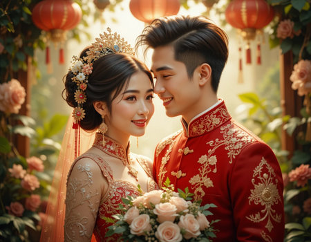 Beautiful asian bride and groom in traditional Chinese wedding dressの素材