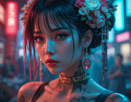 Beautiful Asian woman with traditional make up in the city.の素材