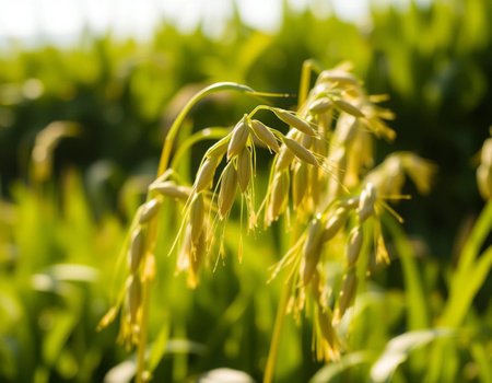 Close-up of golden ears of oat growing in a fieldの素材