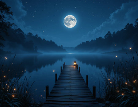 Wooden pier in the lake at night with full moon and starsの素材