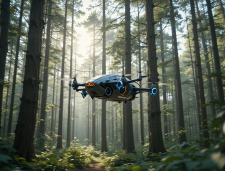 Drone flying in the forest. Flying drone in the forest.の素材
