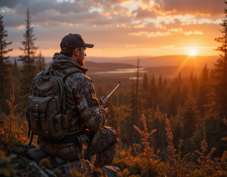 A man with a backpack sits on top of a mountain and looks at the sunset.の素材