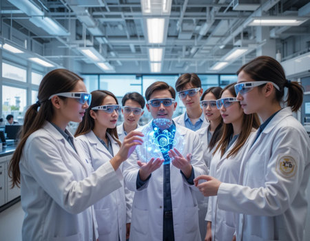 Group of scientists looking at the x-ray image in the laboratoryの素材