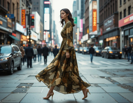 Beautiful young woman in a long dress walking in the city.の素材