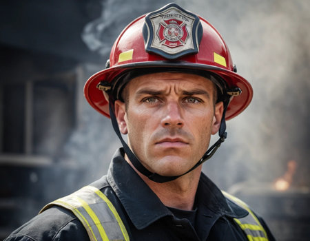 Portrait of a fireman in front of a burning building.の素材