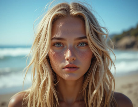 Portrait of a beautiful blonde girl with blue eyes on the beachの素材
