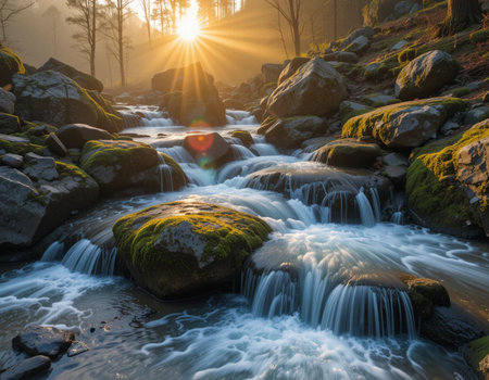 Mountain stream in the forest at sunrise. Beautiful natural landscape.の素材