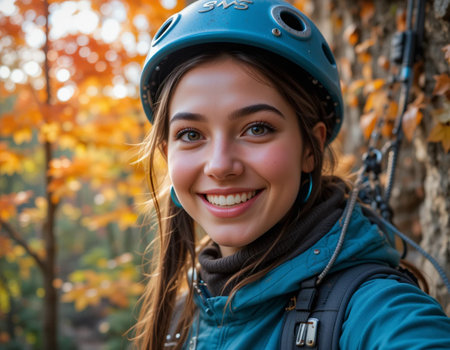 Portrait of a beautiful young woman in helmet on a background of autumn forestの素材