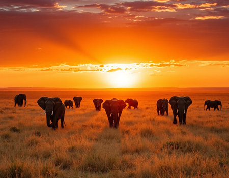 Elephants at sunset in Amboseli National Park, Kenyaの素材