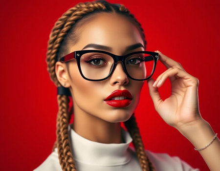 Portrait of a beautiful girl with braids in glasses on a red background.の素材