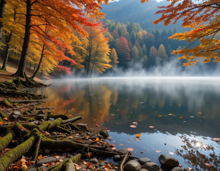 Autumn forest on the shore of the lake in the mountains.の素材