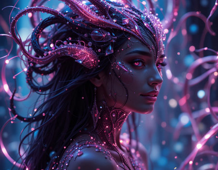 3d illustration of a beautiful woman with fantasy make-up.の素材