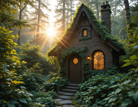 Wooden house in the forest at sunset. Fairytale landscape.の素材